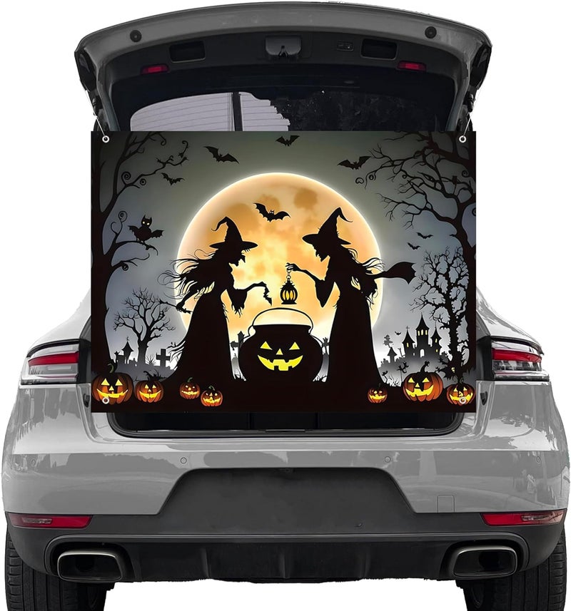 Pedel Halloween Trunk Or Treat Car Decoration Kits for Suv Banner, Halloween Moon Witch Backdrop Banner for Archway Garage Door Haunted House Car Trunk Décor - Image 1